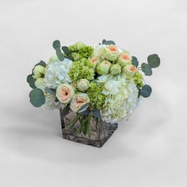 Bouquet of white hydrangeas and pale peach roses in a square glass vase