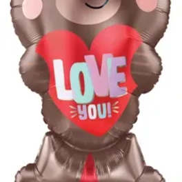 Bear-shaped balloon holding a red heart that says LOVE YOU