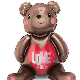 Brown teddy bear balloon holding a heart that says Love You