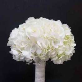 White hydrangea bouquet with a wrapped handle