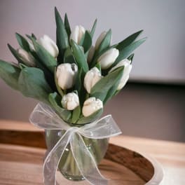 White tulips arranged in a clear glass vase with a sheer ribbon