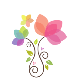 Colorful stylized flower graphic with swirling brown stems