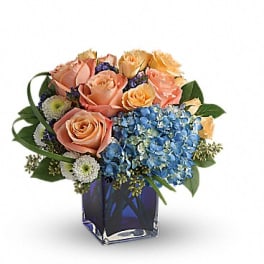 Peach roses and blue hydrangeas in a square glass vase