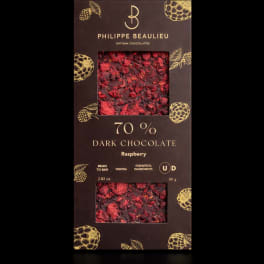 Box of dark chocolate raspberry bar with visible fruit pieces