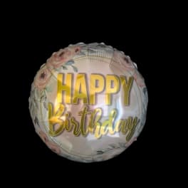 Round birthday balloon with floral print and gold lettering