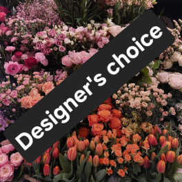 Assorted pink and peach flower bouquets with a diagonal "Designer's choice" banner
