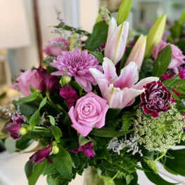Pink and white bouquet with roses, lilies, and chrysanthemums