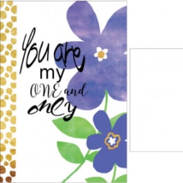 Anniversary greeting card with purple flower illustrations and You are my one and only text