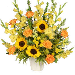 Bouquet of sunflowers and orange roses in a white vase