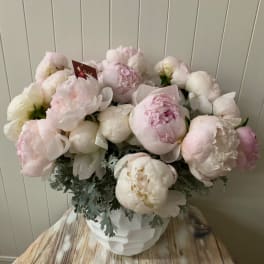 Large bouquet of pale pink and white peonies in a white vase