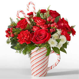 Red roses and carnations in a candy cane mug with white daisies