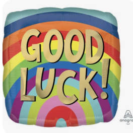 Rainbow balloon with the words GOOD LUCK!
