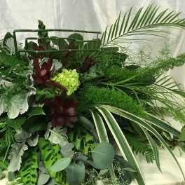 Large green tropical foliage arrangement with burgundy accents