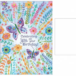Birthday card with colorful flowers and butterflies