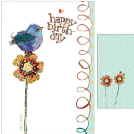 Birthday card with a blue bird perched on a flower and a matching gift card