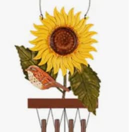 Sunflower wind chime with a small bird and hanging metal tubes