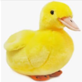 Yellow plush duck toy with orange feet and beak