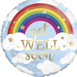 Rainbow foil balloon with clouds and the words get well soon