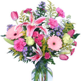 Pink and purple mixed bouquet in a clear glass vase
