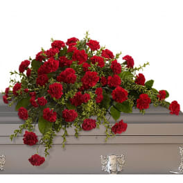Red carnation spray arranged on a gray casket