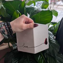 Hand holding a white cube planter in front of large green leaves