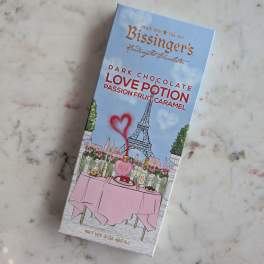 Box of Bissinger's dark chocolate love potion candy