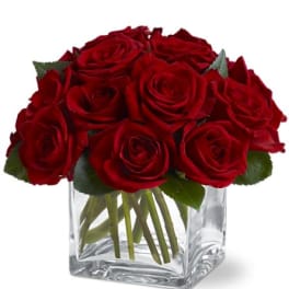 Cluster of red roses arranged tightly in a clear glass cube vase