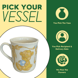 Ceramic mug with a teddy bear illustration and the text "Pick Your Vessel"