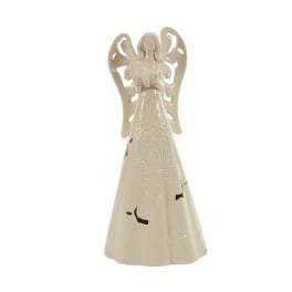 Cream ceramic angel figurine with cutout wings and a long dress