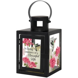 Black memorial lantern with floral and hummingbird panels