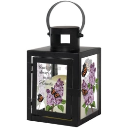 Black memorial lantern with lilac flowers and butterflies