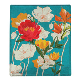Floral-patterned teal textile with red, white, yellow, and orange blossoms
