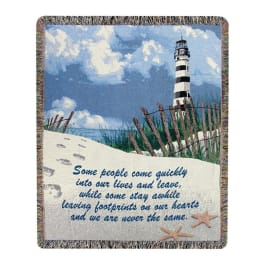 Lighthouse blanket with a memorial quote and beach scene