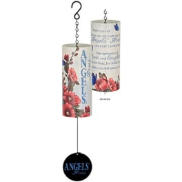 Two hanging memorial wind chimes with floral and angel designs