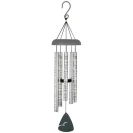 Metal wind chime with silver tubes and a dark hanging clapper