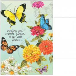Butterfly-themed get well greeting card with colorful flowers