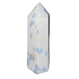Tall silver obelisk-shaped decorative object with blue speckles