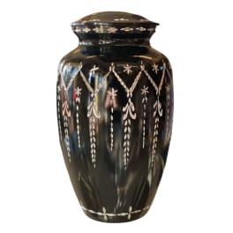 Black decorative urn with silver inlay pattern