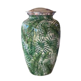 Decorative ceramic urn with a green palm leaf pattern and metal lid