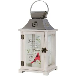 Decorative white lantern with a cardinal and memorial quote