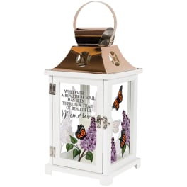 Decorative white memorial lantern with butterfly and lilac artwork