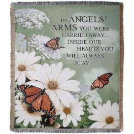 Memorial blanket with white daisies, butterflies, and a sympathy message