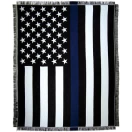 Black-and-white American flag with a blue stripe and fringe