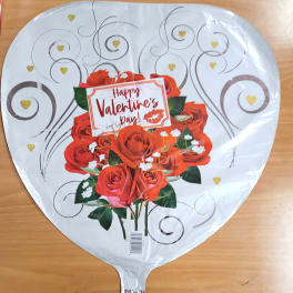 Heart-shaped balloon with red roses and a Happy Valentine's Day message