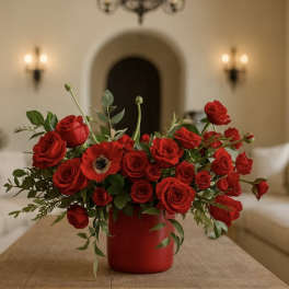 Red roses arranged in a red vase on a table