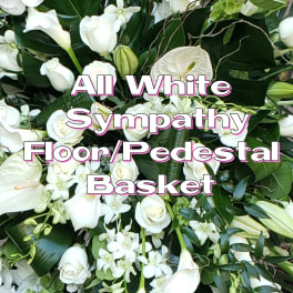 White sympathy floral basket with roses, calla lilies, and orchids