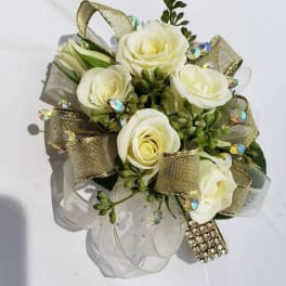 White rose bouquet with gold and sheer ribbon accents