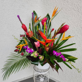 Tropical flower arrangement with bird of paradise and orchids in a white vase