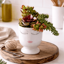 Succulent arrangement in a white face-shaped planter on a wooden tray