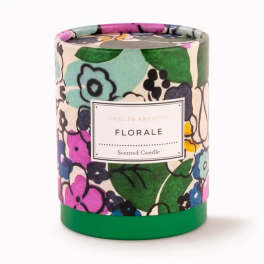 Floral-patterned scented candle in a cylindrical container